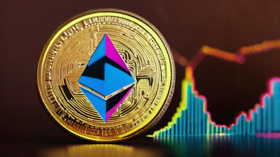 Ethereum token with cryptocurrency charts in the background 